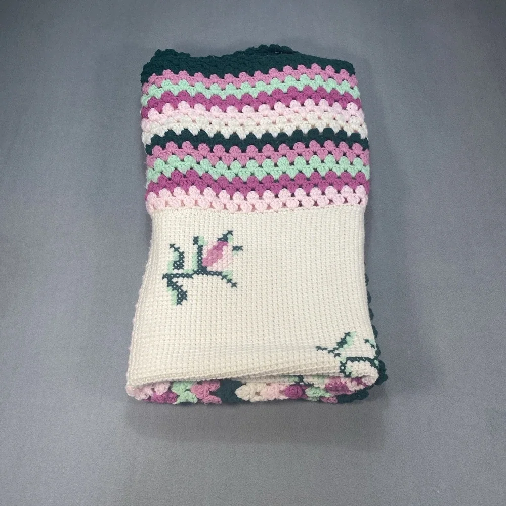 Vintage Crochet Afghan Throw Blanket Handmade Beige Pink Green Flowers 53x59